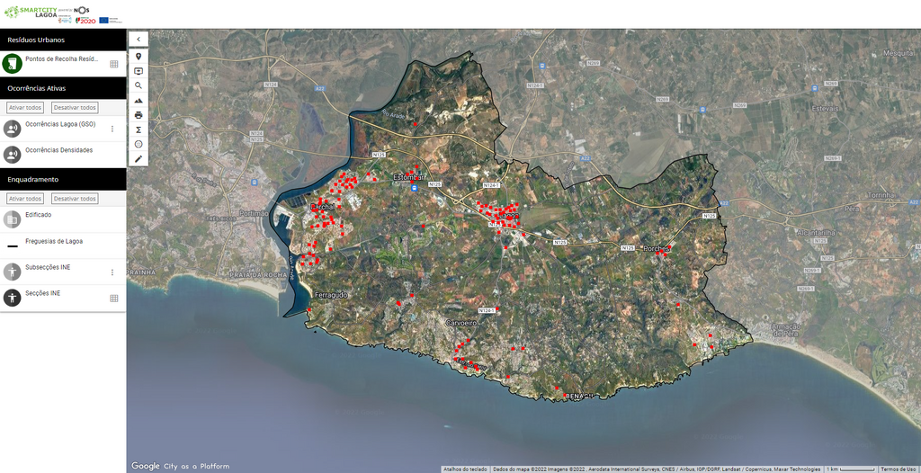 Mapa  com osp ontos de recolha de resíduos